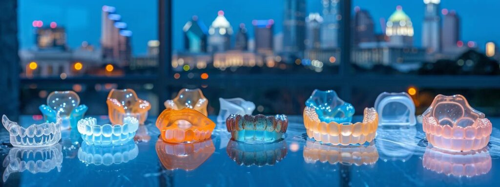 a stunning display of various orthodontic aligners arranged artistically on a sleek surface, illuminated by soft, natural light to emphasize their transparency and modern design, set against a backdrop of vibrant san antonio landmarks.