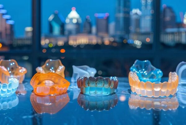 a stunning display of various orthodontic aligners arranged artistically on a sleek surface, illuminated by soft, natural light to emphasize their transparency and modern design, set against a backdrop of vibrant san antonio landmarks.
