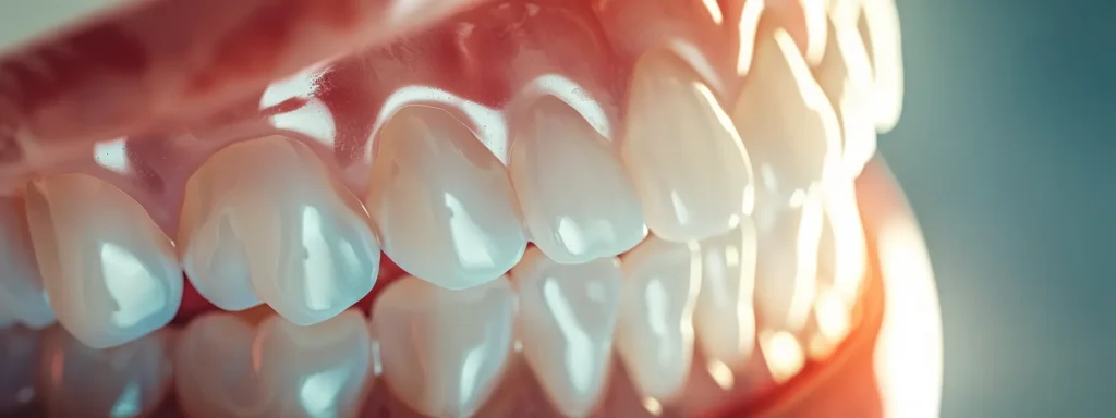 a radiant smile featuring a set of pristine dental implants gleaming under soft, warm lighting, contrasting against a backdrop of traditional, aged dentures, symbolizing modern dental innovation.