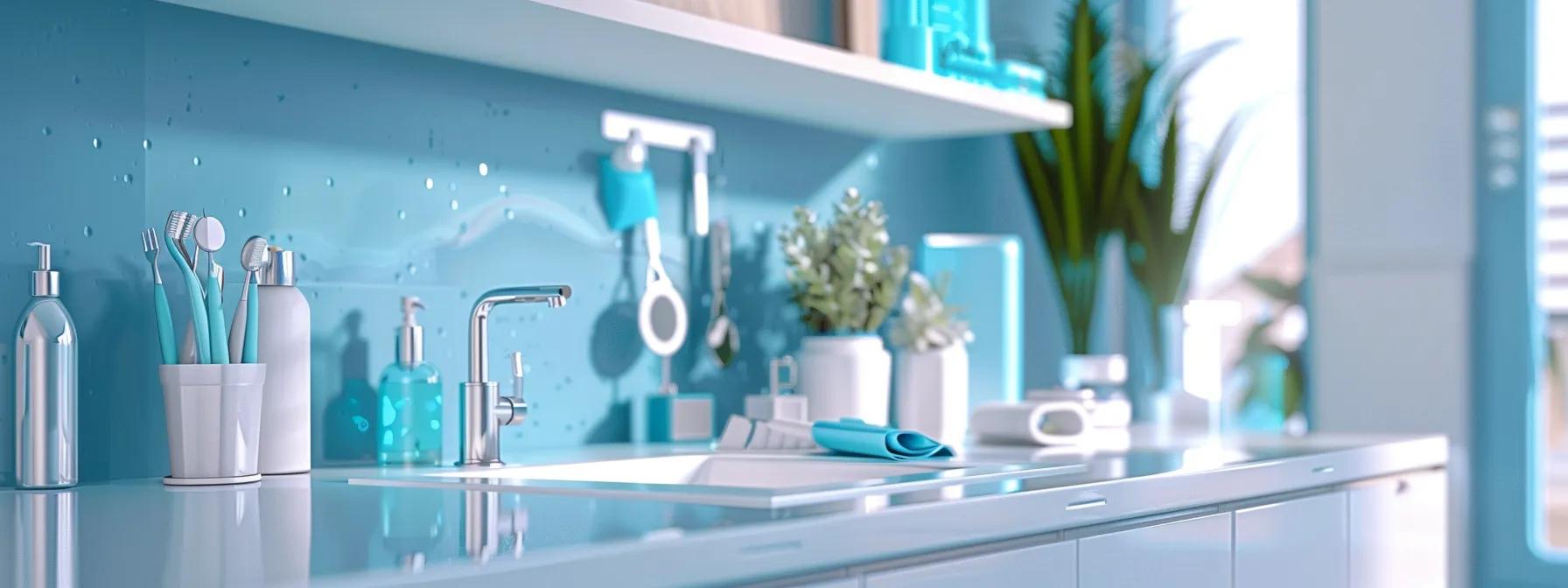 a clean, modern dental office is depicted with an array of preventive dental care tools prominently displayed on a sleek countertop, highlighting the importance of proactive measures to Sidestep Oral Emergencies.