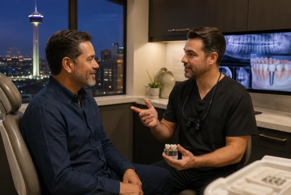 Patient consulting with a San Antonio TX dentist about same-day dental implants, with an implant model and dental X-ray visible during the evaluation