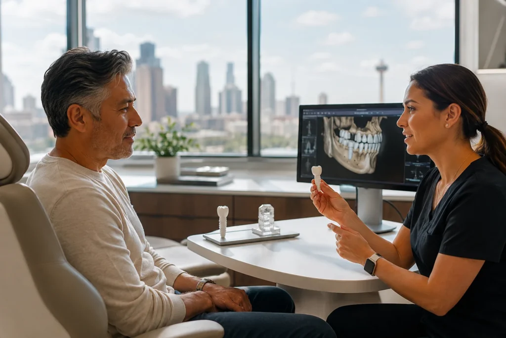 Patient learning about zirconium metal-free dental implants during a consultation in San Antonio TX, with a 3D cone beam scan and implant models visible