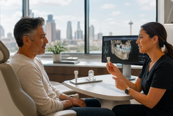 Patient learning about zirconium metal-free dental implants during a consultation in San Antonio TX, with a 3D cone beam scan and implant models visible